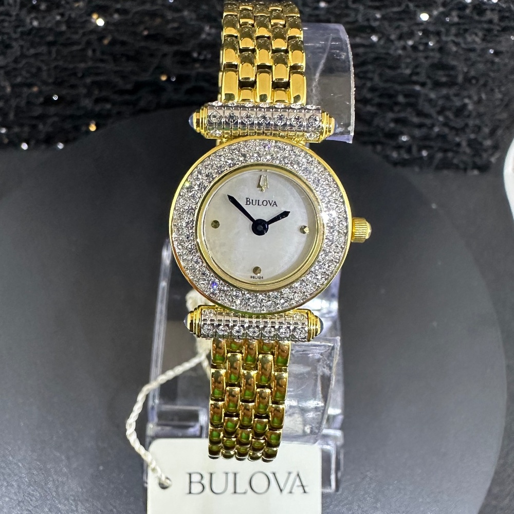 Women's NWT Bulova Mother-of-Pearl Face w/Crystal Bezel & Crystal to Gold Band
